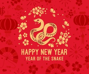 Happy Chinese New Year 2025, Year of the Snake, red and gold paper, flowers and Asian elements with craft style lanterns, Asian New Year card