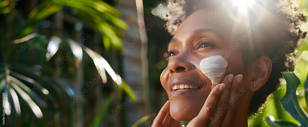 Poster Beautiful mature black woman applying facial sunscreen lotion, standing outside in sunlight with botanical foliage