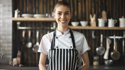 Smiling woman chef wearing a striped apron, standing in a professional kitchen