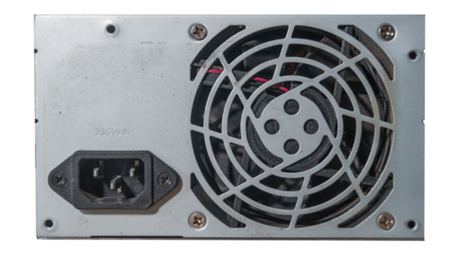Old computer power supply unit png. Close-up of the power supply unit on transparent background