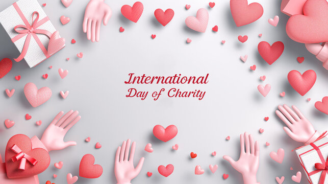 Background with Heart Shapes and Text "International Day of Charity." Fundraising Events, Charitable Campaigns, and Awareness Promotions. Social Media Graphics, and Community Support Messages.