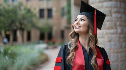 Smiling woman in a graduation cap and gown, celebrating her academic achievement in an outdoor setting