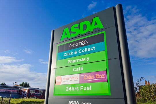 Sign post for ASDA supermarket with blue sky on November 16, 2022 in Boston Lincolnshire