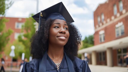 Smiling woman in a cap and gown celebrating graduation on a university campus