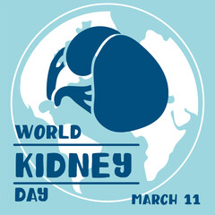 World Kidney Day banner, March 11, is used for vector design of postcards minimalist and modern concept, cover, background, kidneys, internal organ, international relations. Shape illustration on blue