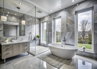 Sleek grey porcelain wall tiles surround a sumptuous bathroom oasis featuring a crisp white quartzite dual vanity, frameless glass shower, and freestanding oval soaking tub.