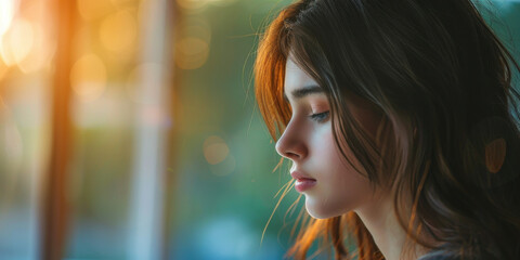 A serene portrait of a young woman gazing downwards by a window, bathed in warm sunset light, lost in thought.