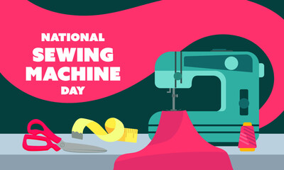National Sewing Machine Day on June 13, business brochure design, banner flyer, horizontal vector template, cover presentation, modern edition poster, retro style on blue pink fabric. A simple