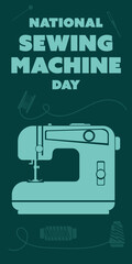 National Sewing Machine Day on June 13, business brochure design, banner flyer, vector template, cover presentation, poster of a modern edition, shades of blue, an engraving on a dark. Vertically