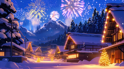 Fototapeta premium Festive winter village illuminated with colorful lights and fireworks in the night sky, surrounded by snow-covered mountains and trees