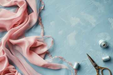 A photo of sewing and tailoring items laid out on a table, including spools of thread, lace and ribbon. Space for copy. Sewing and hobby concept. 
