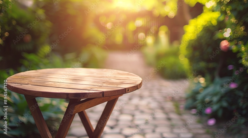 Poster a wooden table sits in a garden path, with lush greenery and sunlight filtering through the trees in