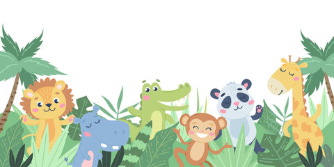 Fototapeta premium Children s animals background. Cute animals in the jungle on white. Vector illustration in flat style