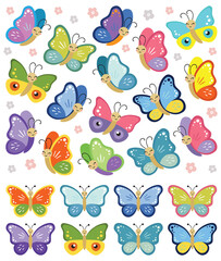 Set of smiling multicolor butterfly clipart. Vector illustration of butterfly cartoon collection on white background. Flying butterfly isolated. Baby shower design elements. Party invitation, birthday