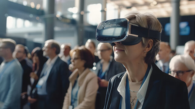 Vr experience senior business manager woman attend meeting wearing vr virtual goggle glasses standing in autitorium convention hall with crowd of business people background
