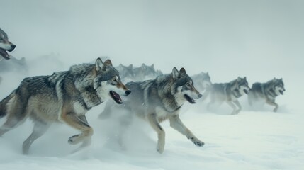 Naklejka premium Pack of Wolves Running Through Snowy Landscape, Winter Wildlife, Nature Scene for Posters, Cards, and Print Design