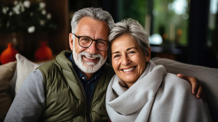 Elderly Couple Sitting on Sofa, Sharing Love and Joy