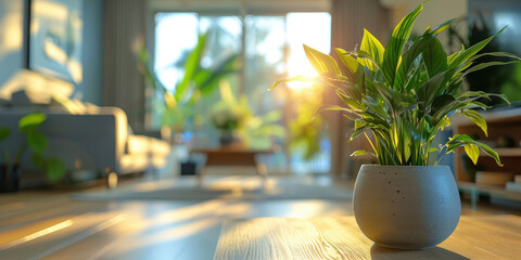 Fototapeta premium A vibrant indoor plant in a stylish pot, basking in sunlight inside a modern, cozy living room with large windows.