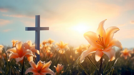 Wooden Cross and Blooming Lilies: Symbol of Hope and Faith