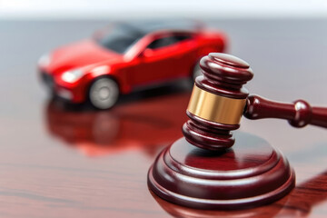 Symbol of Legal Authority: Wooden Judge's Gavel Against Red Car Model Background
