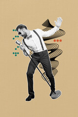 Collage creative drawing sketch of excited singer man sing over pastel color background