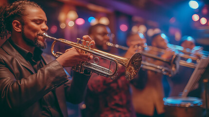 A telephoto angle photo of the jazz band's brass section, with trumpet and trombone players in synchrony, highlighted by stage lights with the club ambiance behind them, with copy