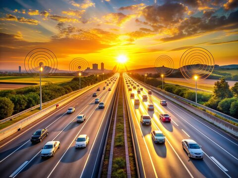Autonomous vehicles navigate highway road at sunset, surrounded by signals, utilizing sensing systems and wireless communication networks to ensure safe and efficient driverless transportation.