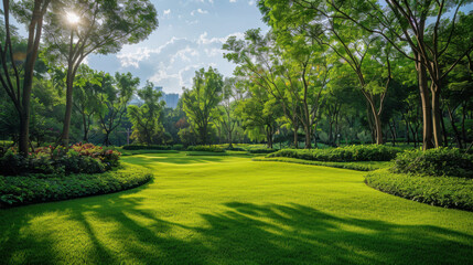 Fototapeta premium A serene park bathed in sunlight, featuring lush green grass and tall trees casting gentle shadows on a bright day.