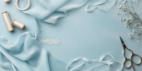 A photo of sewing and tailoring items laid out on a table, including spools of thread, lace and ribbon. Space for copy. Sewing and hobby concept. 