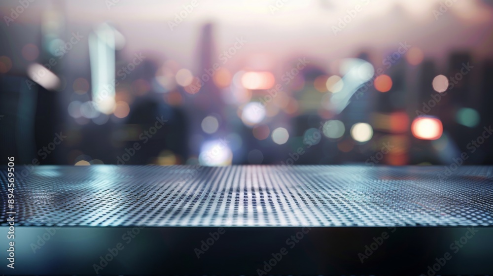 Aufkleber A metal platform with a patterned surface sits in front of a blurred cityscape at night.