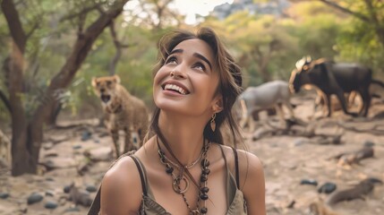 Smiling woman on a safari adventure, surrounded by wildlife including lions and zebras