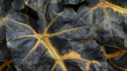 Detailed view of a rare Alocasia with its iridescent leaves