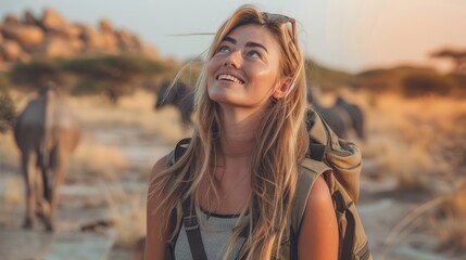 Smiling woman in a safari outfit enjoying a wildlife adventure with animals in the background