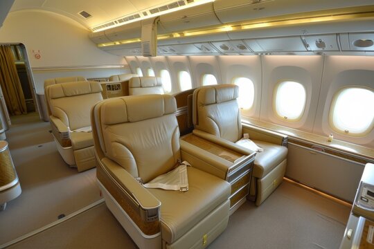 Elegantly designed spacious aircraft cabin featuring premium, plush seating for high class travel