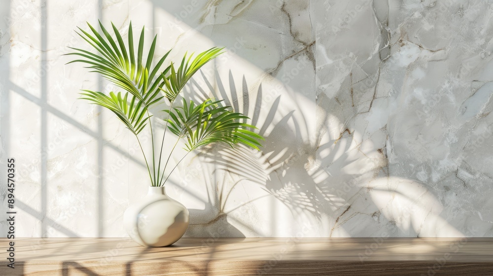 Sticker Sunlit summer decor: green palm leaves in vase, marble tile backdrop, wooden table, blank space.