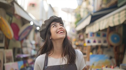 Smiling woman in a beret enjoying a vibrant street market with art and crafts