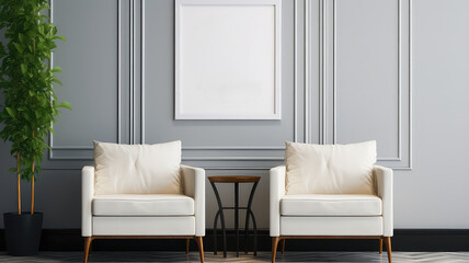 Interior of modern living room with empty poster mockup on wall