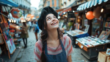Smiling woman in a beret exploring a vibrant street market filled with art and crafts