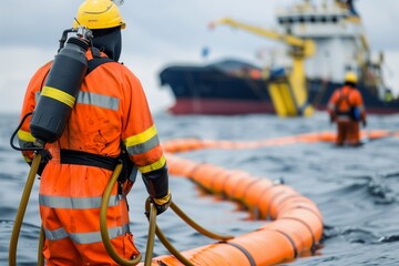 Worker, person on liquidation of oil spill in water. LARN. Barriers set up. Accident with oil spill in sea, ocean. Pollution of environment. Oil slick.