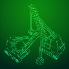 Wrecking ball excavator, demolition crane machine. Wireframe low poly mesh vector illustration