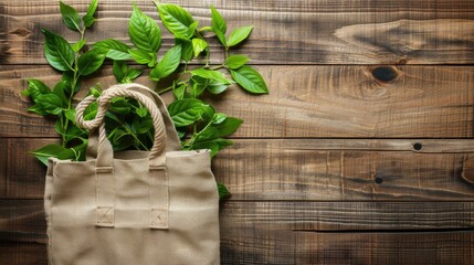 Eco friendly bag on wood surface seen from above