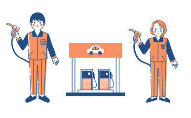 ガソリンスタンドと店員のイラストセット 建物と人物のイラスト素材 男女ペア