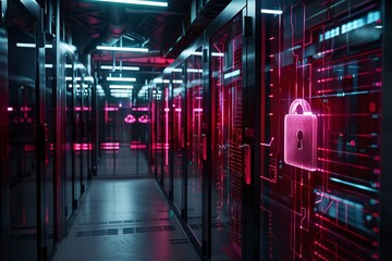 Secure Data Center with Locked Server Racks, Advanced Cybersecurity in High-Tech Facility, Glowing Red and Blue Lights, Protection of Sensitive Information, Modern Data Storage and Network Security