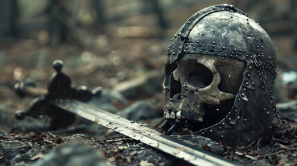 ancient battlefield with a skull of a soldier in a helmet and a sword, after a terrible battle in a forest. Background for an epic medieval fantasy wallpaper