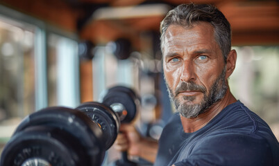 A determined man with blue eyes and a beard lifts weights in a well-equipped gym