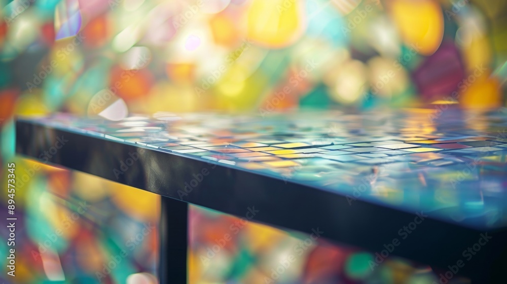 Fototapete a close-up view of a mosaic tabletop with a blurred background of colorful lights.