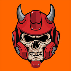 A red mechanical helmeted skull with horns on top. Vector illustration in red base color with gradient.