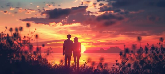 Obraz premium Picture of lovers' shadows and reflections in the sunset