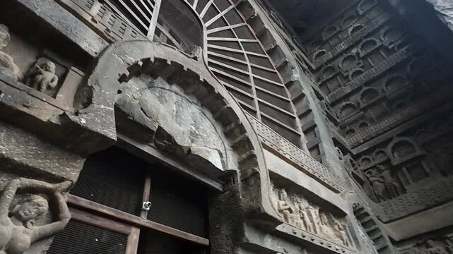 Intricate carvings at Karla, rock-carved caves in Maharashtra, India.