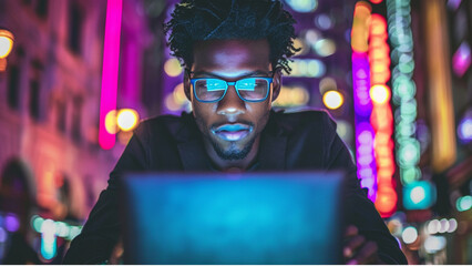 Fototapeta premium A black man typing on the laptop with urban background